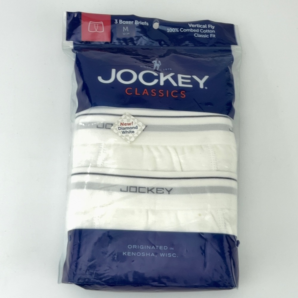 Jockey Classics Mens 3 Pack Boxer Briefs White Vertical Fly Cotton Size M 32-34